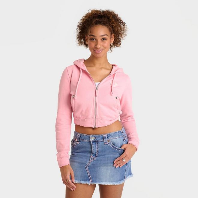 Women's True Religion Raw Edge Big T Shrunken Full-Zip Hoodie