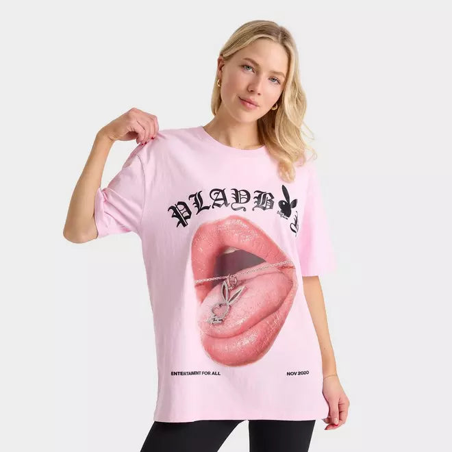 Women's Playboy Diamante Necklace Boyfriend T-Shirt