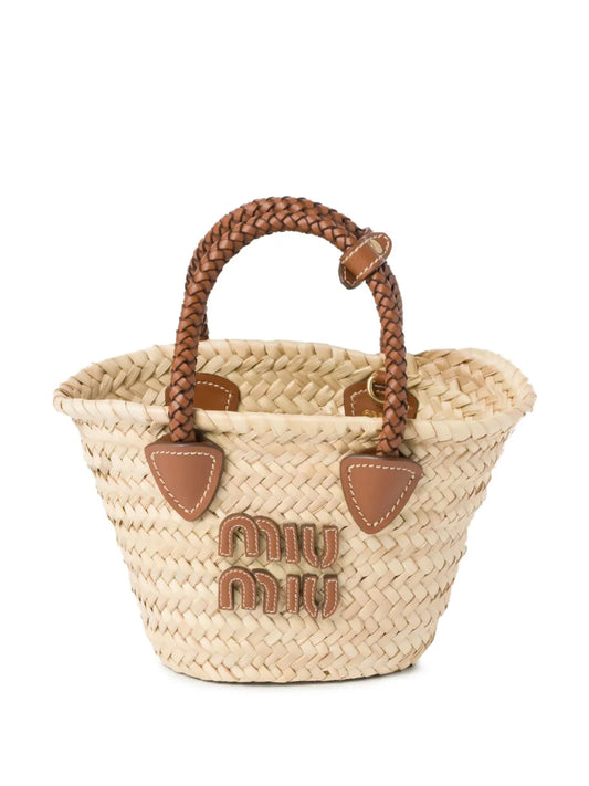 Miu Miu logo appliqué woven tote bag