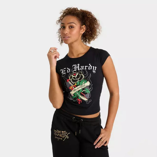 Women's Ed Hardy Black Rose Rhinestone Capped-Sleeve Baby T-Shirt